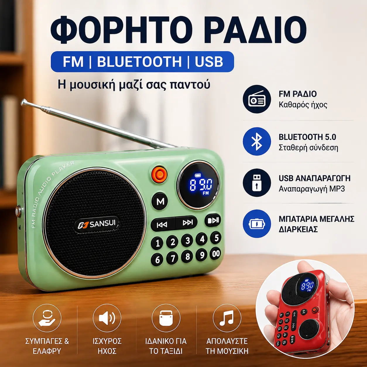 🎁【Προσφορά περιορισμένου χρόνου】Φορητή συσκευή αναπαραγωγής μουσικής ραδιοφώνου Bluetooth, μπορεί να εισάγει κάρτες και μονάδες flash USB