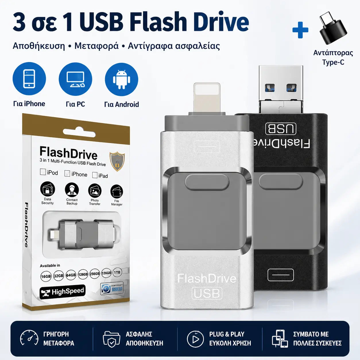 Μονάδα flash USB-C/Lightning 4 σε 1 για iPhone, iPad, Android, PC – Memory Stick OTG υψηλής ταχύτητας για δημιουργία αντιγράφων ασφαλείας φωτογραφιών