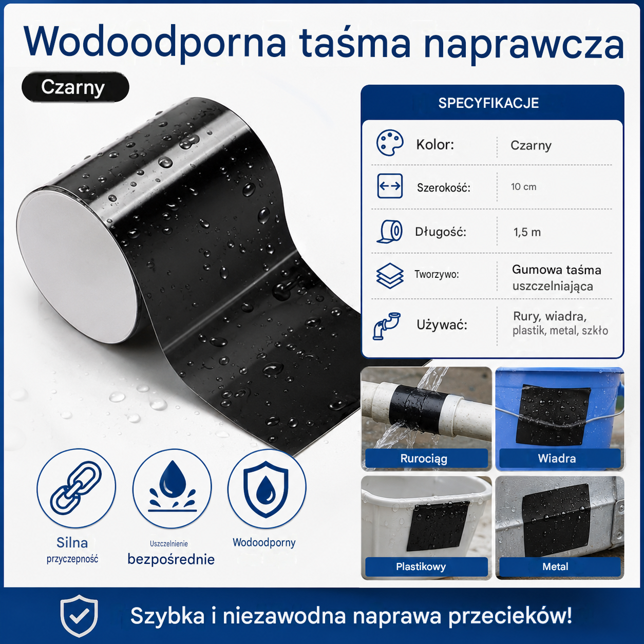 2 sztuka 89zł  🏠 Mocna, wodoodporna taśma naprawcza do rur, wiader i plastiku