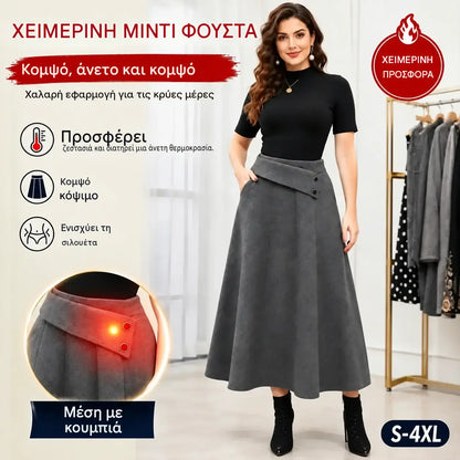 👗🎀【S-4XL】Μίντι φούστα ψηλόμεση με ασύμμετρη μέση και δύο κουμπιά
