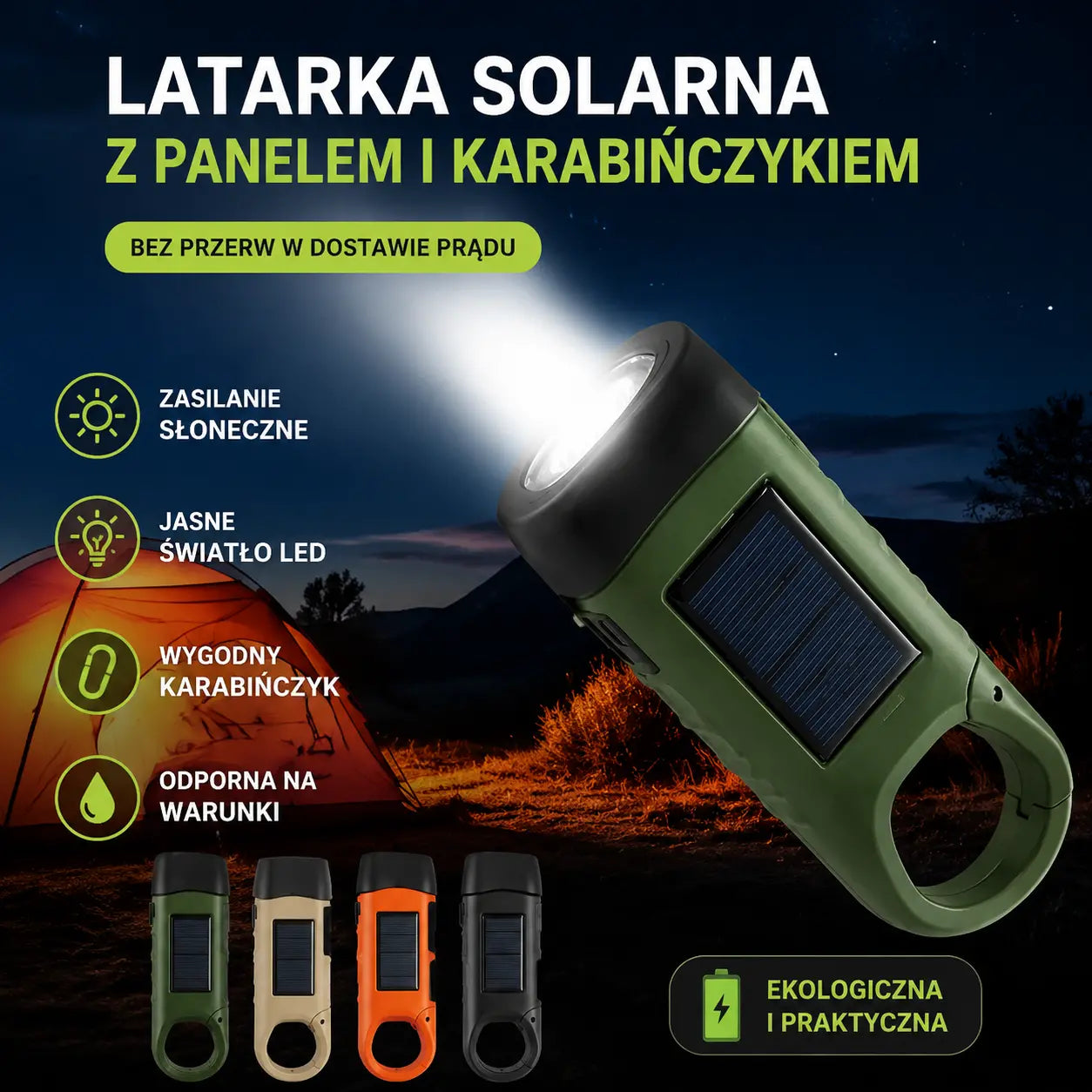 ⚡Latarka z panelem słonecznym i korbką – idealny przenośny generator na nagłe wypadki i przygody!