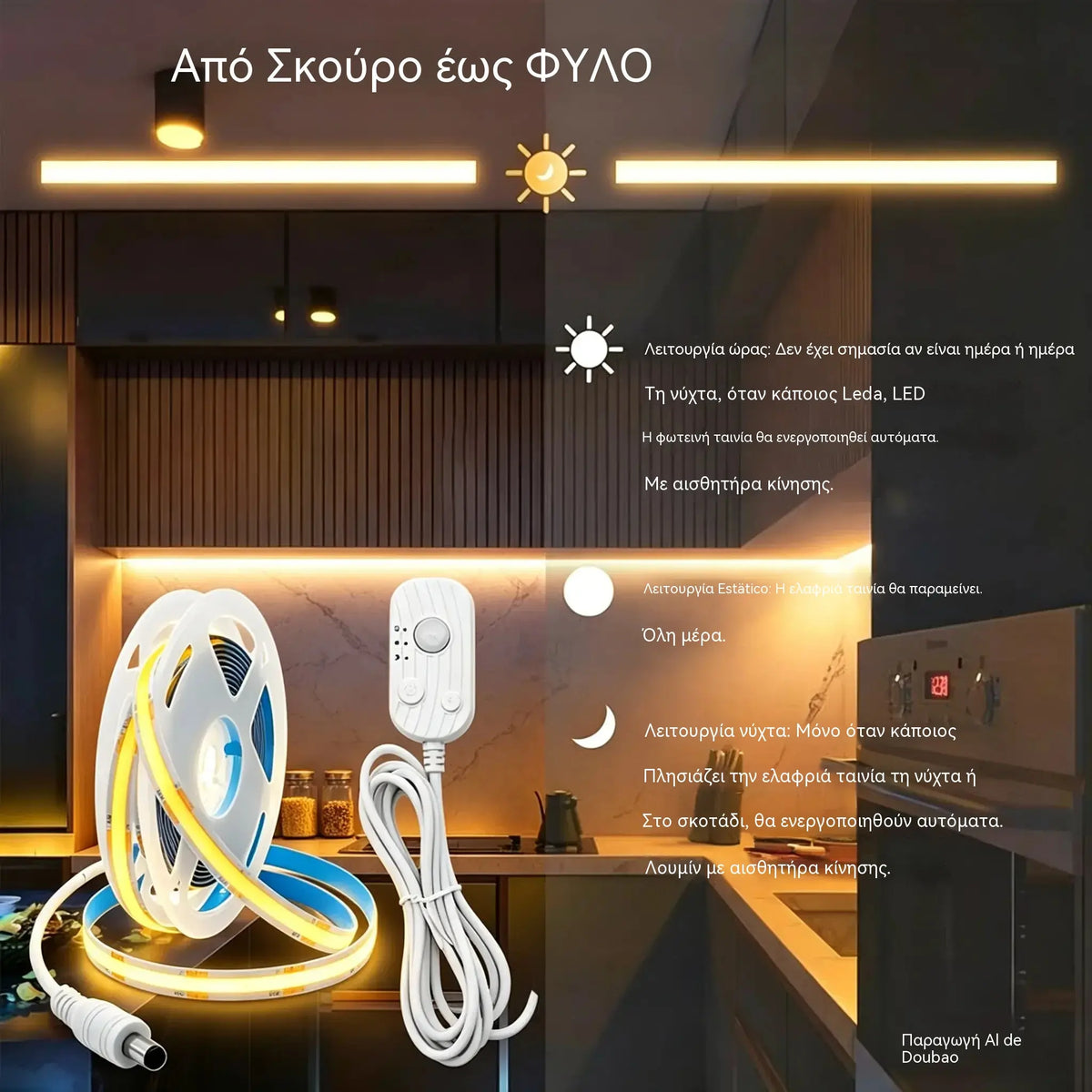 1 σετ 28 ευρώ【2M】Λωρίδα φωτισμού LED με έξυπνο αισθητήρα και αυτόματο σύστημα φωτισμού, με αυτοκόλλητο USB, ιδανική για κουζίνες, υπνοδωμάτια και σκάλες.