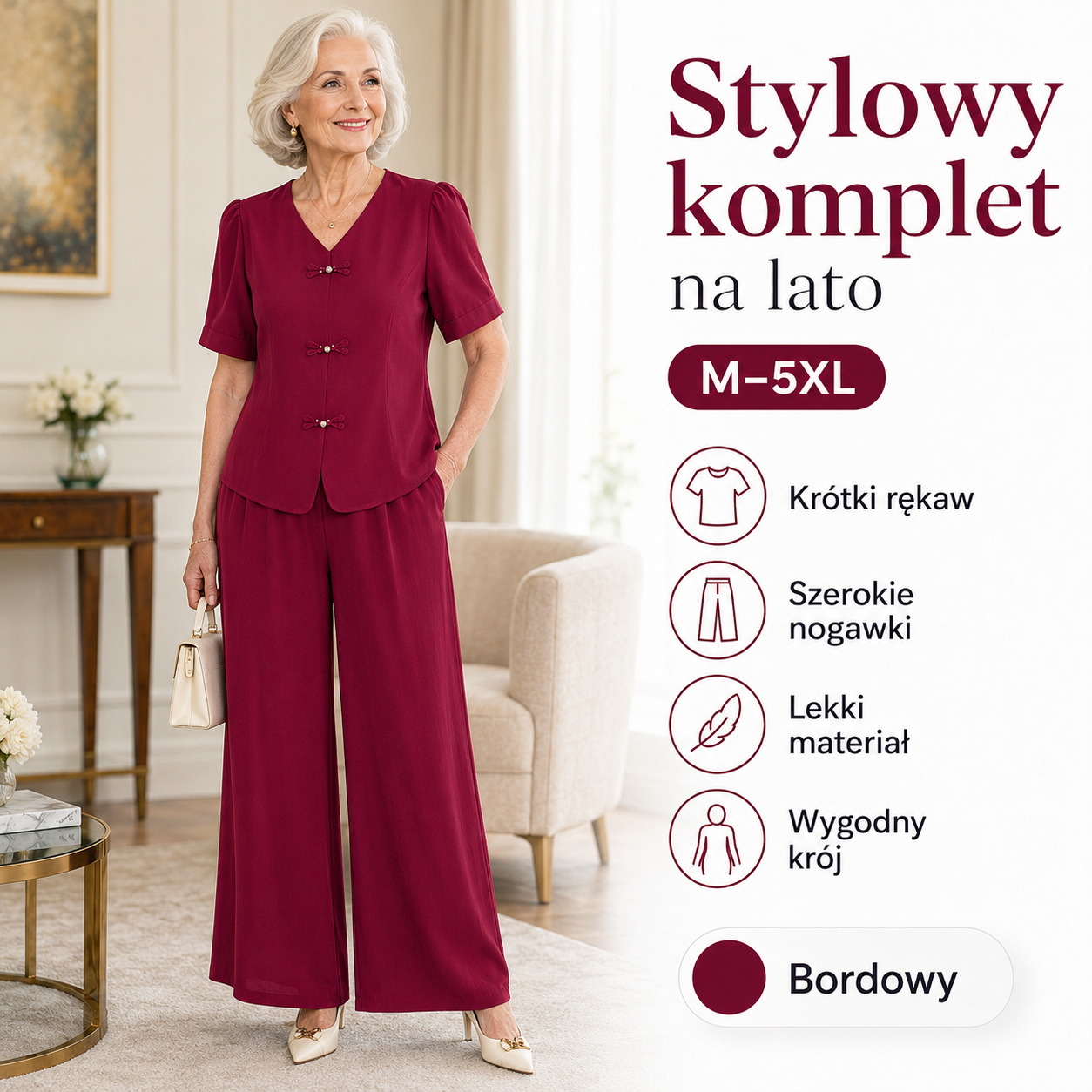 1 zestaw 119 zł🌸【Top + Spodnie z szerokimi nogawkami】Elegancki letni komplet damski 2-częściowy, M–5XL