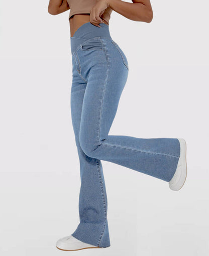 🔥✨【XS-4XL】🌷🌈Нови тесни дънки с висока талия и широки крачоли, стягащи и повдигащи ханша