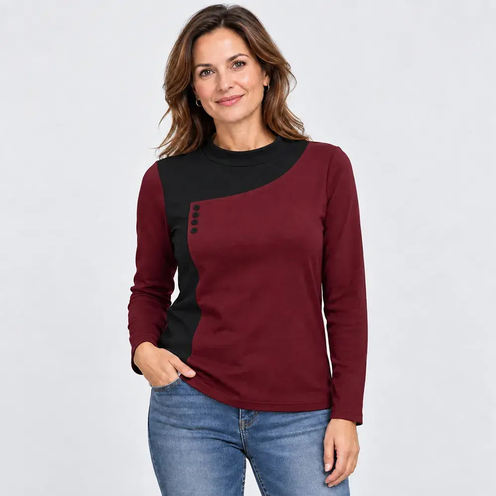 ✨【S-3XL / 6 kolorów】Bluzka ze stójką i ozdobnymi guzikami, w stylu color-block (lekki polar termiczny)