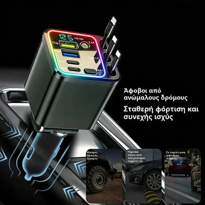 🔋📱7 σε 1 Ανασυρόμενος Γρήγορος Φορτιστής Αυτοκινήτου με Ένδειξη Τάσης – USB-C για Android και Lightning για Apple
