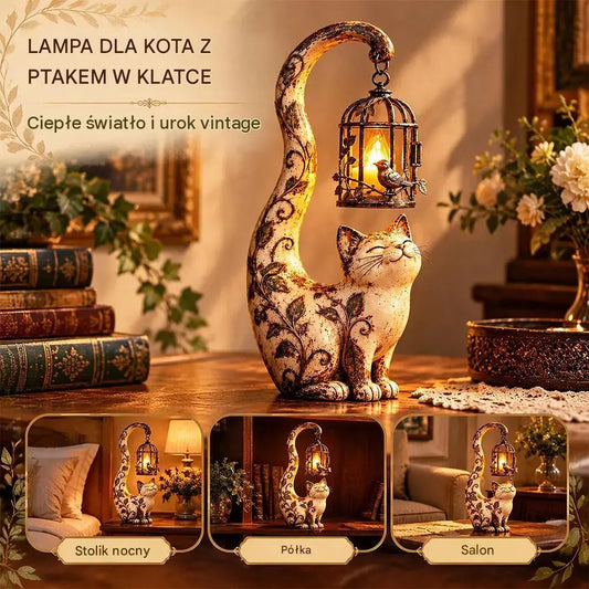 🐱💡Lampka nocna w stylu vintage – kot z klatką dla ptaków – kreatywna dekoracja ogrodowa