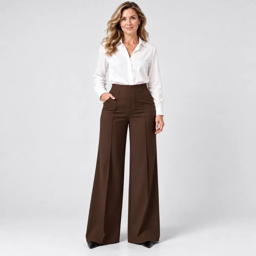 【L-5XL】Γυναικείο παντελόνι ψηλόμεσο με φαρδιά γραμμή – για το φθινόπωρο και τον χειμώνα, σε άνετη γραμμή, με εφέ αδυνατίσματος, μονόχρωμο, ευέλικτο