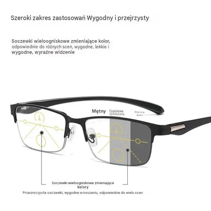 Nowe okulary do czytania półoprawkowe dla osób w średnim i starszym wieku, z funkcją zoom, multifocal, światłoczułe, fotochromowe i blokujące niebieskie światło