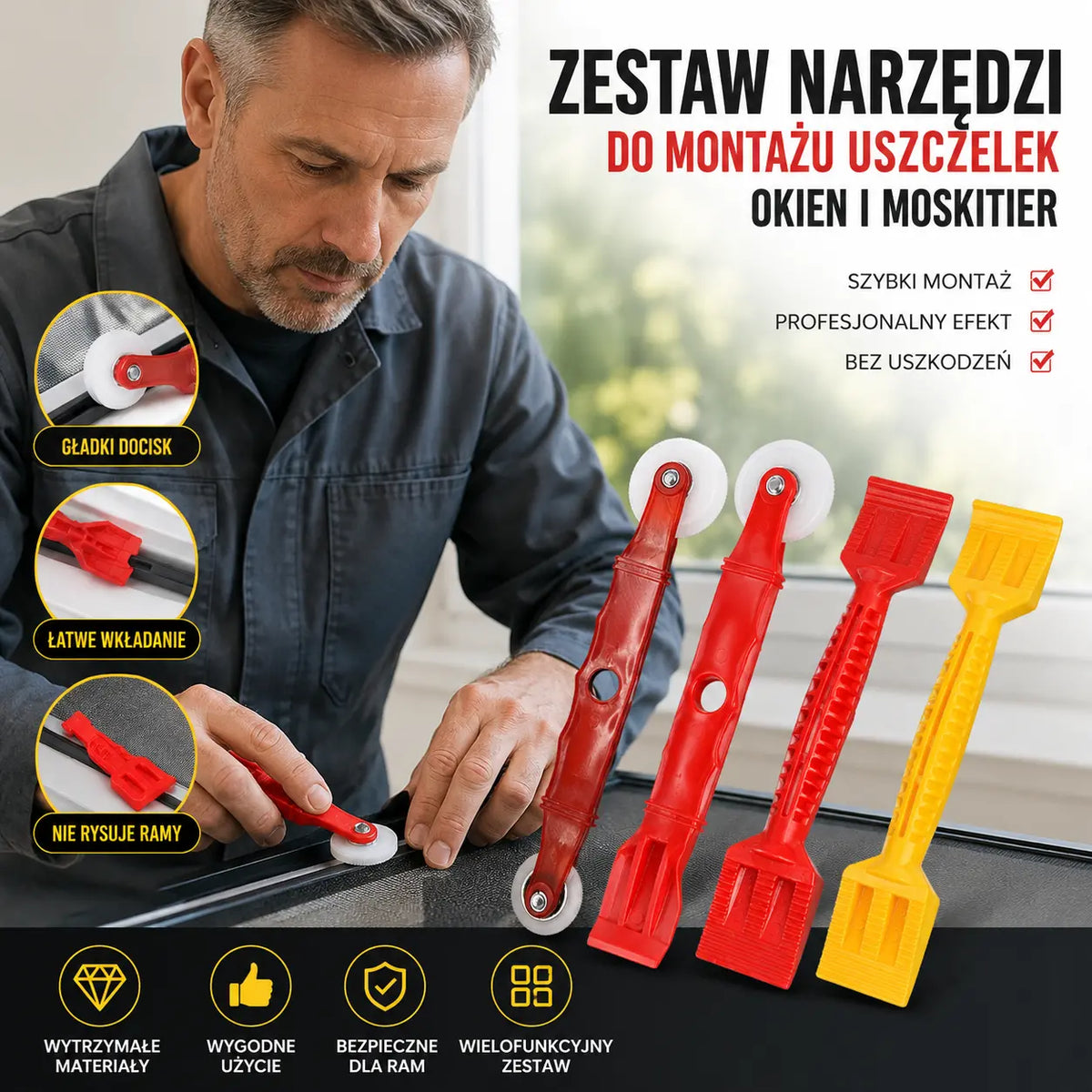 【1 zestaw 4 sztuk】Zainstaluj ekran okienny Taśma uszczelniająca do okien Koło dociskowe Taśma uszczelniająca do okien Narzędzie instalacyjne