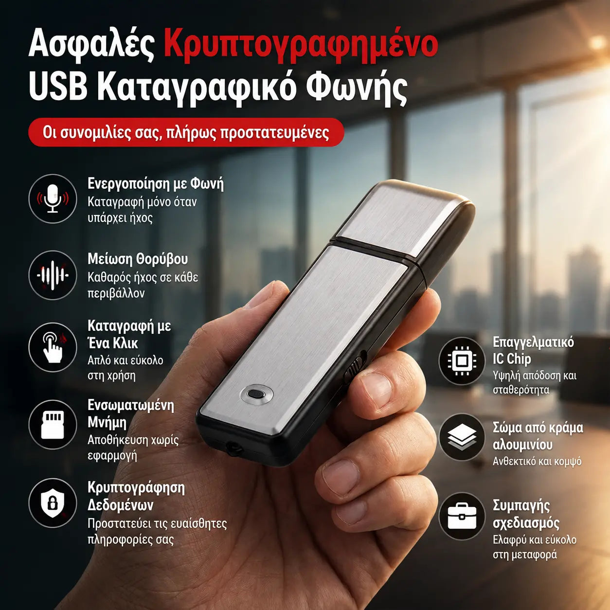 Φορητή συσκευή εγγραφής φωνής USB υψηλής ανάλυσης με μείωση θορύβου