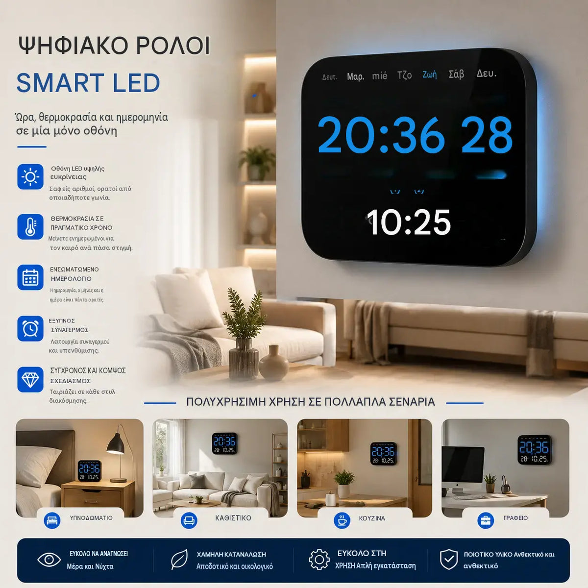 🕰️ Ψηφιακό Ρολόι Σπιτιού/Γραφείου: Ήπιο ξύπνημα, πείτε αντίο στα ενοχλητικά ξυπνητήρια! Ρυθμιζόμενη φωτεινότητα, αθόρυβη λειτουργία τη νύχτα.