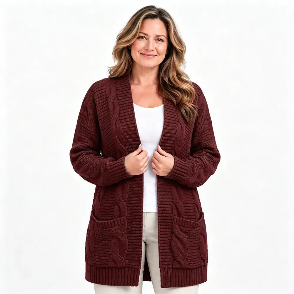 【S-3XL】Nowy damski sweter rozpinany na jesień i zimę – warkoczowy, długi, gładki, z kieszeniami