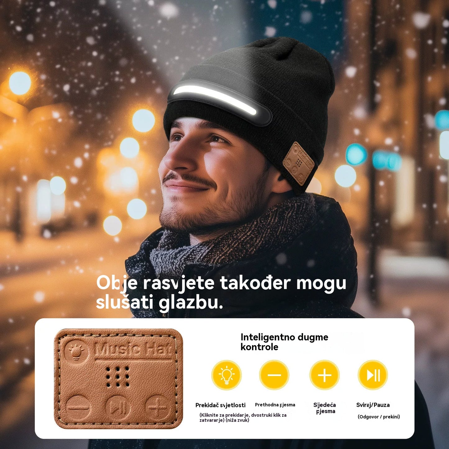 🔥【50% popusta】🔥🧢Punjiva Bluetooth LED kapa. Funkcija tri u 1: Savršeno integrira snažnu LED rasvjetu za korištenje bez ruku, visokokvalitetni Bluetooth zvučnik i toplinu u udobnu pletenu kapu💡