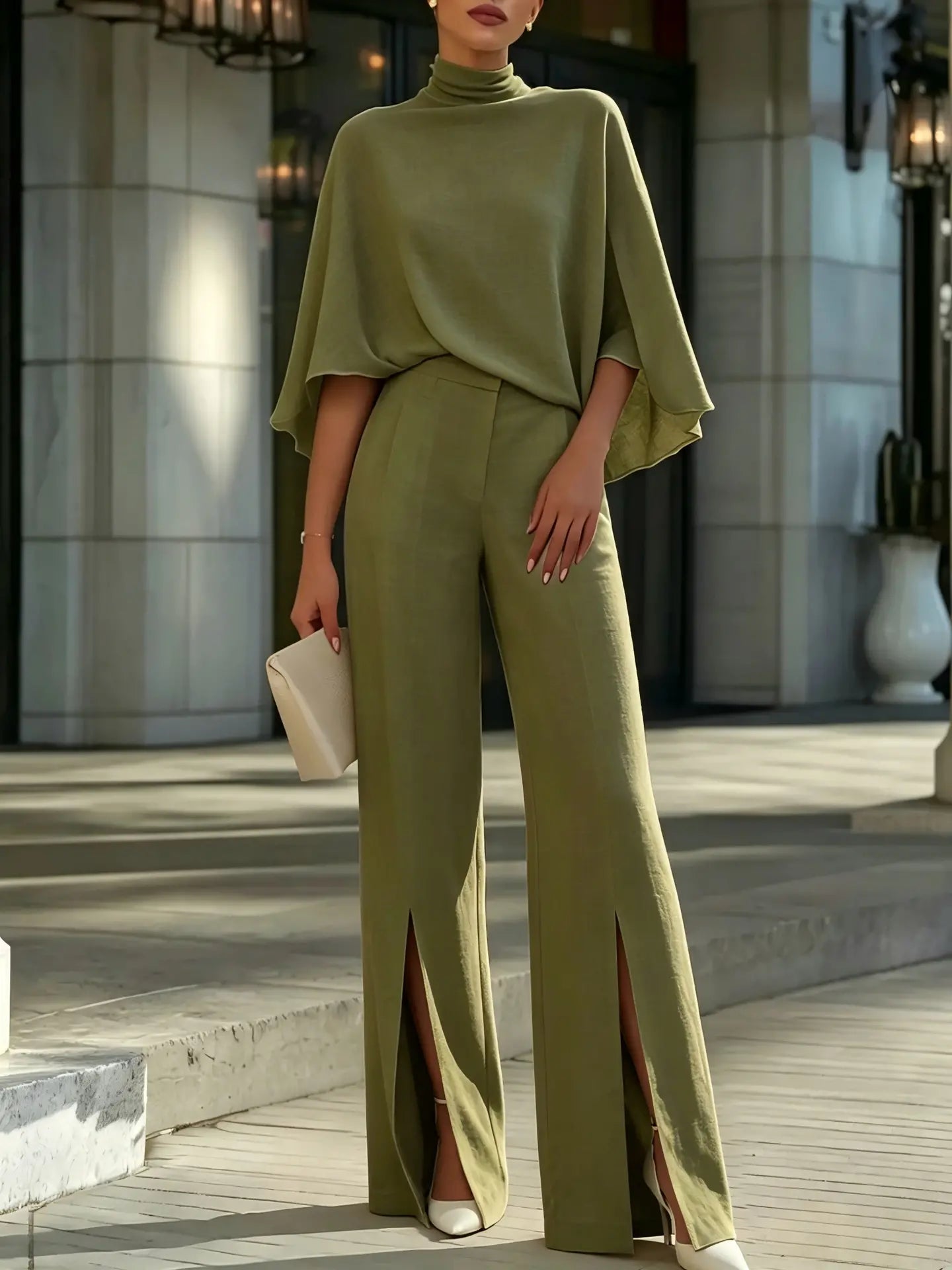 🌸✨【S-3XL】Το γυναικείο κοστούμι περιλαμβάνει ένα κομψό τοπ με ζιβάγκο σε στιλ κάπας και φαρδύ παντελόνι.