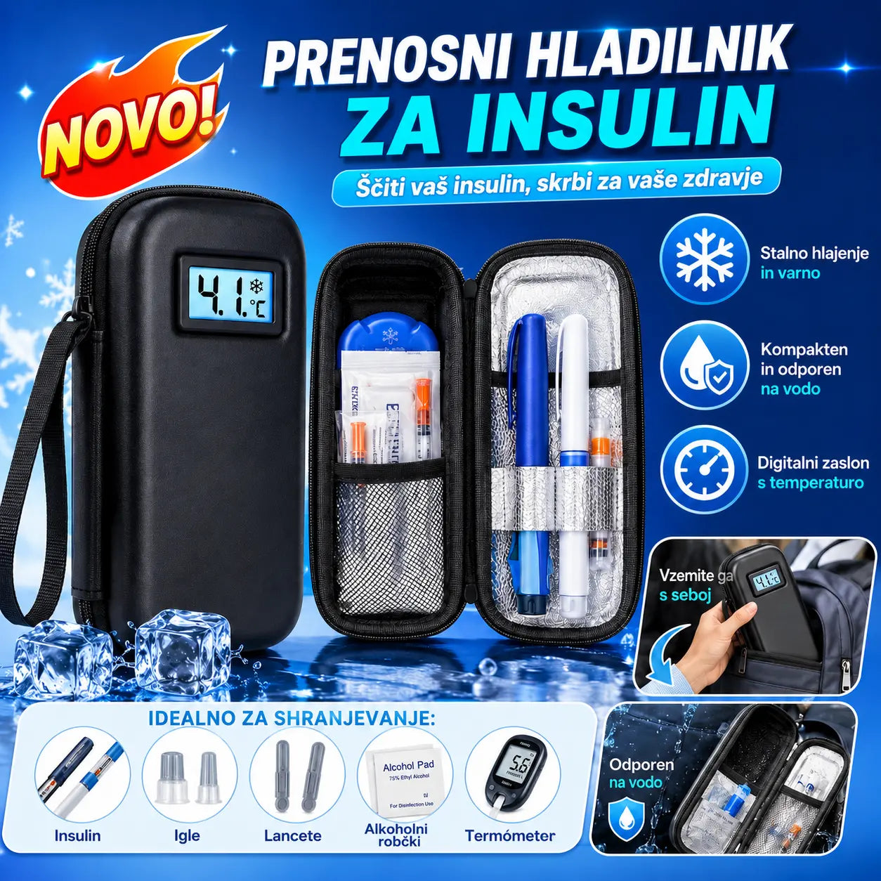 Potovalna hladilna torbica za inzulin s prikazom temperature