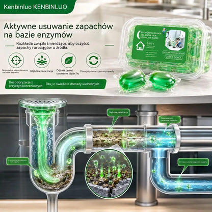 2 opakowania (100 tabletek) 👍Kapsułki rozpuszczalne w wodzie do usuwania nieprzyjemnych zapachów z odpływów - idealne rozwiązanie zapobiegające rozprzestrzenianiu się nieprzyjemnych zapachów w łazienkach i kuchniach.