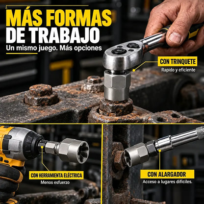 Kit de 14 Vasos Extractores de Tuercas y Tornillos | Vasos Antideslizantes para Tornillos Oxidados, Dañados o Pasados de Rosca