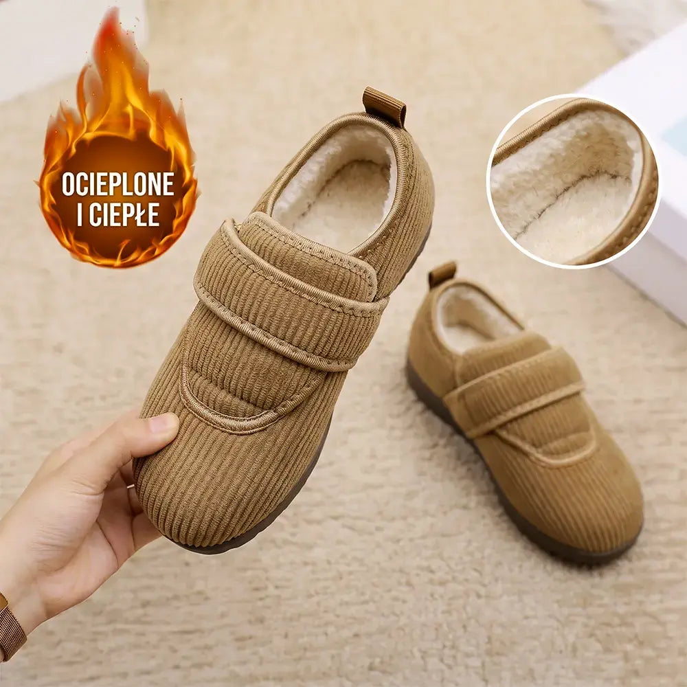 【35-41】Nowe damskie buty zimowe – ocieplane, grube, sztruksowe, z rzepem, na płaskiej podeszwie, antypoślizgowe, wytrzymałe, dla seniorek