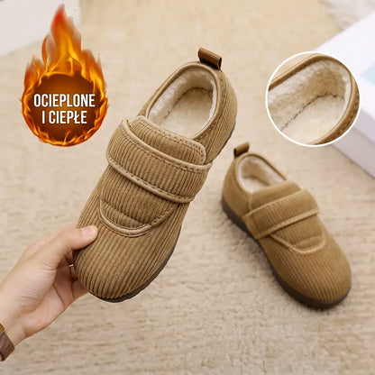 【35-41】Nowe damskie buty zimowe – ocieplane, grube, sztruksowe, z rzepem, na płaskiej podeszwie, antypoślizgowe, wytrzymałe, dla seniorek