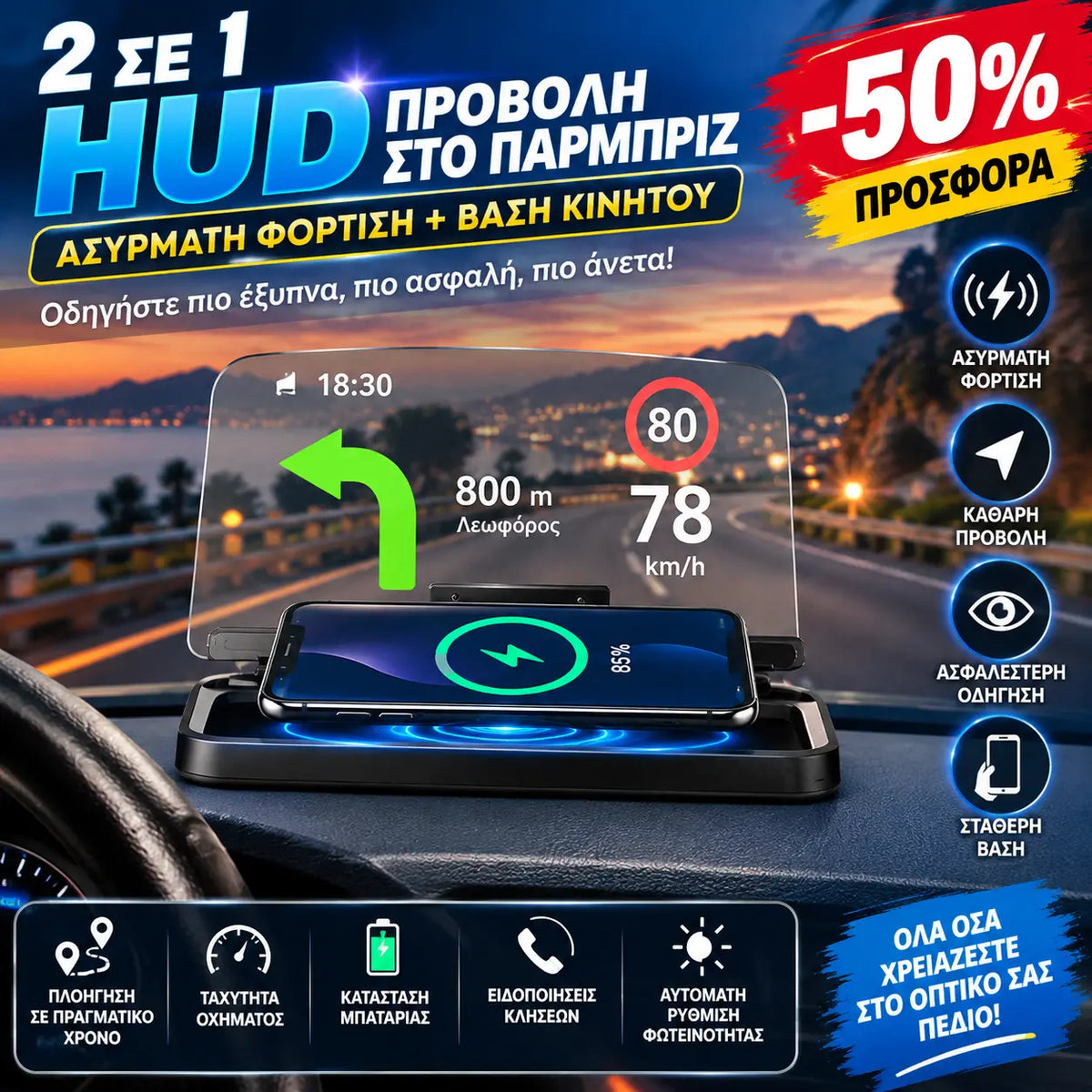 🚗HUD (Head-Up Display) – Εμφανίζει GPS, κλήσεις και ειδοποιήσεις στο παρμπρίζ (χωρίς να αγγίζετε το τηλέφωνό σας).💻