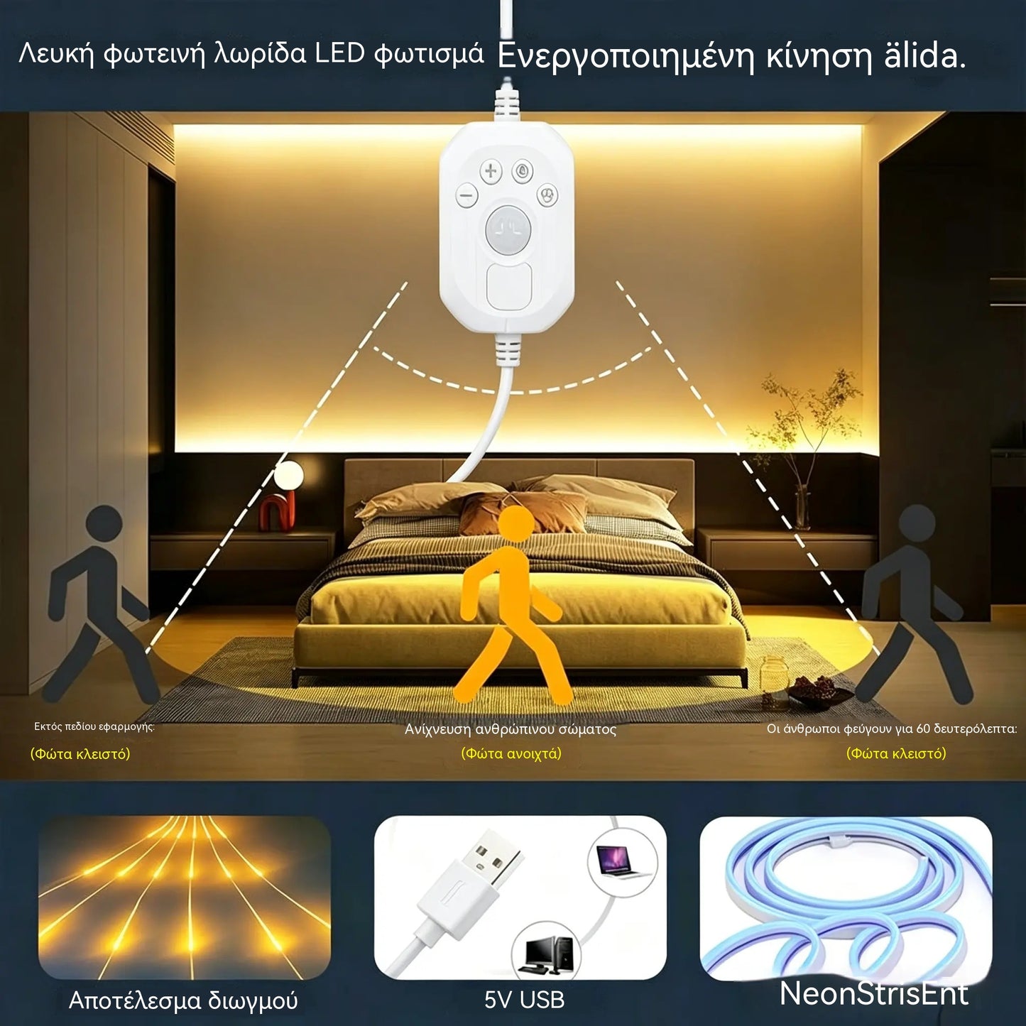 【2M】Λωρίδα φωτισμού LED με έξυπνο αισθητήρα και αυτόματο σύστημα φωτισμού, με αυτοκόλλητο USB, ιδανική για κουζίνες, υπνοδωμάτια και σκάλες.