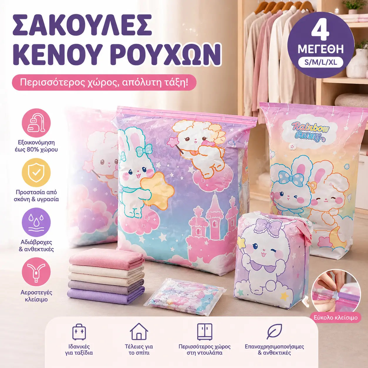 🧳【Σετ 5 τεμαχίων】💨 Μεγάλη, συμπιέσιμη τσάντα αποθήκευσης κενού αέρος: δεν απαιτείται αντλία, στεγανή και ιδανική για εξοικονόμηση χώρου στις βαλίτσες και στο σπίτι ✈️
