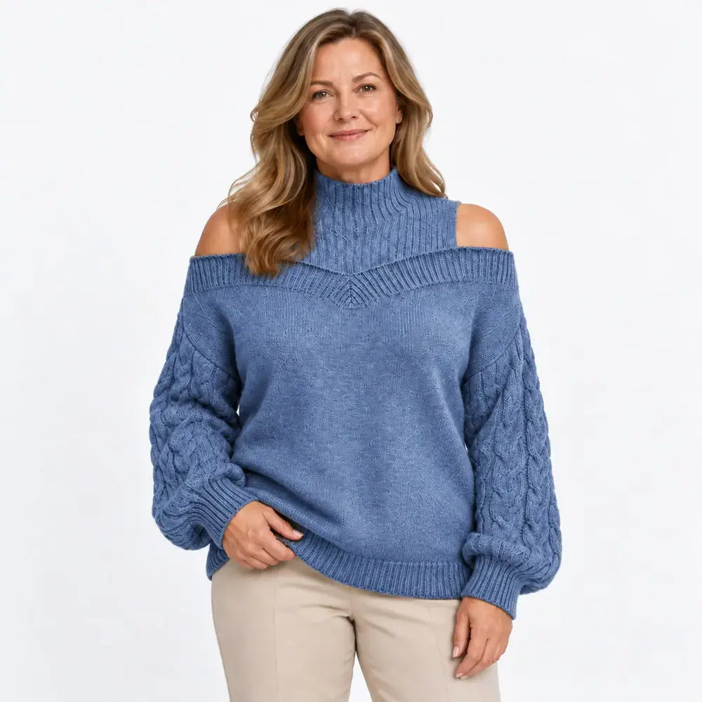 【S-3XL】Damski sweter z odkrytym ramieniem, nowość na jesień i zimę, luźny fason, półgolf, rękawy latarenkowe, dzianina
