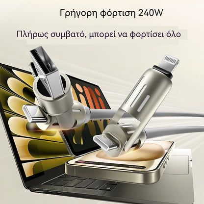 🔥 【2 τεμάχιο 27 ευρώ 】 🔥 (μήκος 2 μέτρα) Καλώδιο PD 240W 4 σε 1 – USB-C, Lightning και USB-A Γρήγορη φόρτιση, Αλουμίνιο και Σιλικόνη, Συγχρονισμός δεδομένων ⚡📱