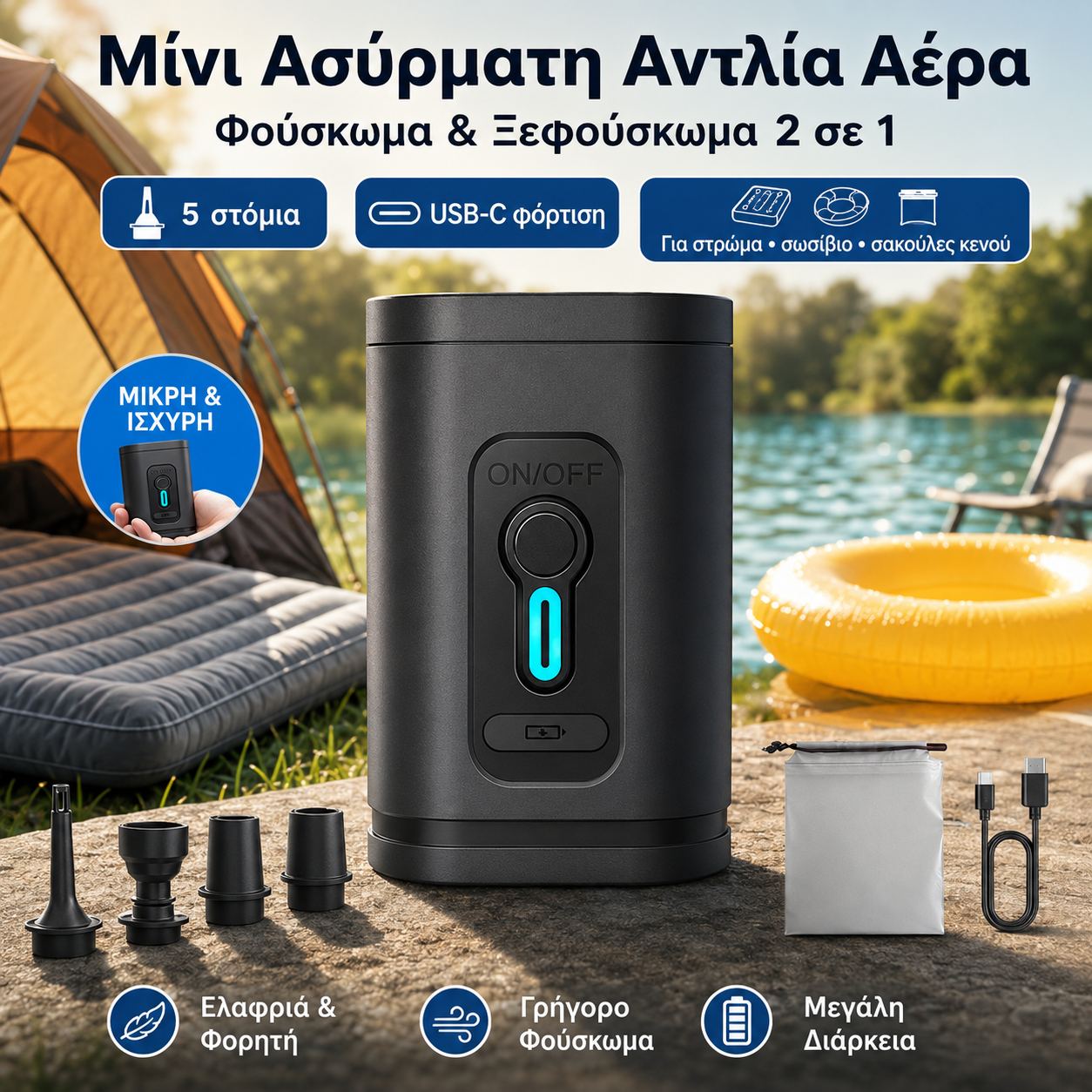 1 τεμάχιο 30 ευρώ 🏕️ Επαναφορτιζόμενη αντλία αέρα για κάμπινγκ – Φως LED, γρήγορο φούσκωμα, συμπαγής και φορητή