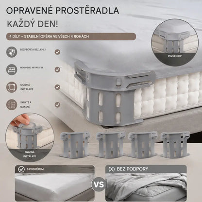 Sada čtyř kusů - 590 Kč 🛏️ Skryté klipy na prostěradla ve čtyřech rohech – zabraňují posunování nebo klouzání prostěradel a udržují je rovné a bezpečné.