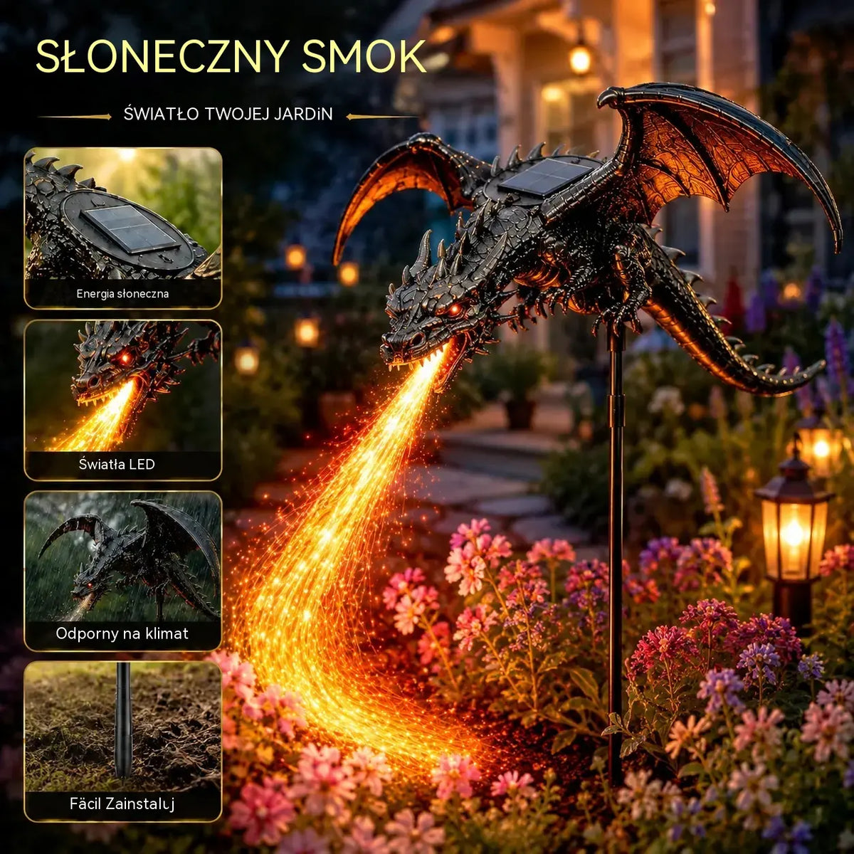 Nowość: Dekoracyjna lampa ogrodowa w kształcie ognistego smoka zasilana energią słoneczną.