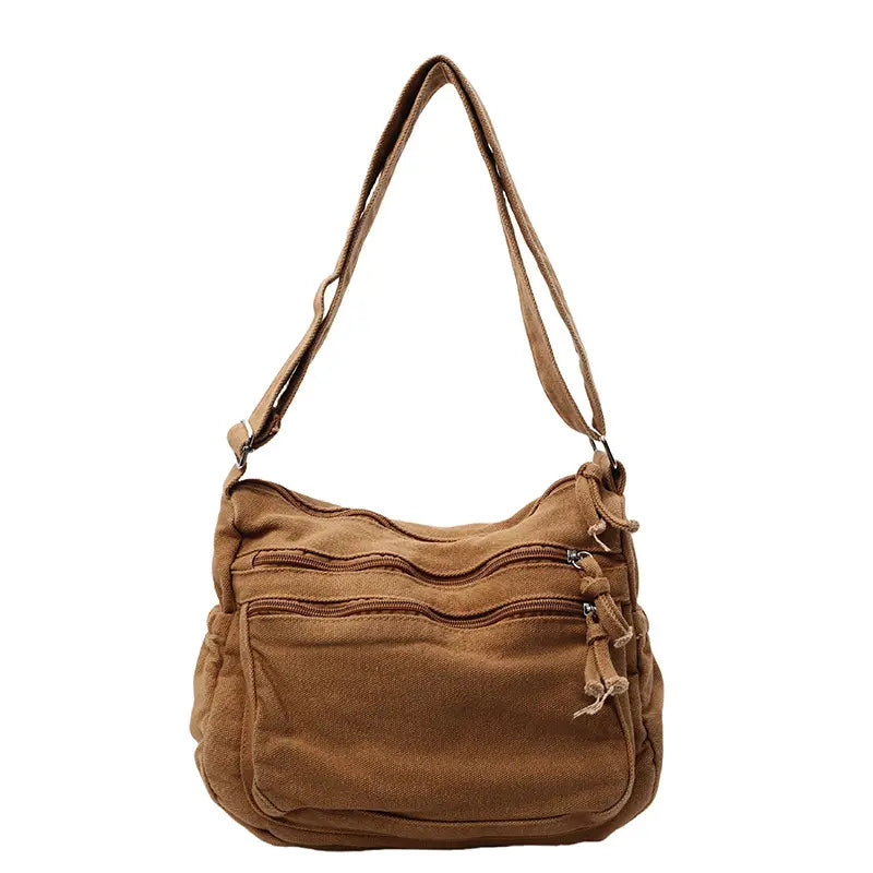 👜✨Τσάντα χιαστί μεγάλης χωρητικότητας από καμβά με όψη παλαίωσης: διαθέτει σχεδιασμό με πολλαπλές θήκες που κλείνουν με φερμουάρ και φαρδύ, ρυθμιζόμενο λουράκι ώμου.