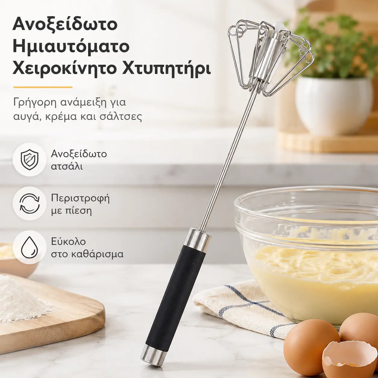 🥚🍳【2 τεμαχίων】 Ημιαυτόματο/Χειροκίνητο μπλέντερ, υλικό από ανοξείδωτο ατσάλι 🔧✨