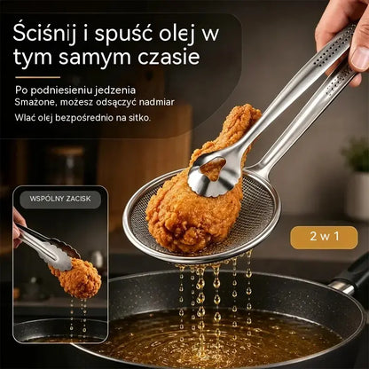 Szczypce do żywności i sitko do oleju 2 w 1 ze stali nierdzewnej