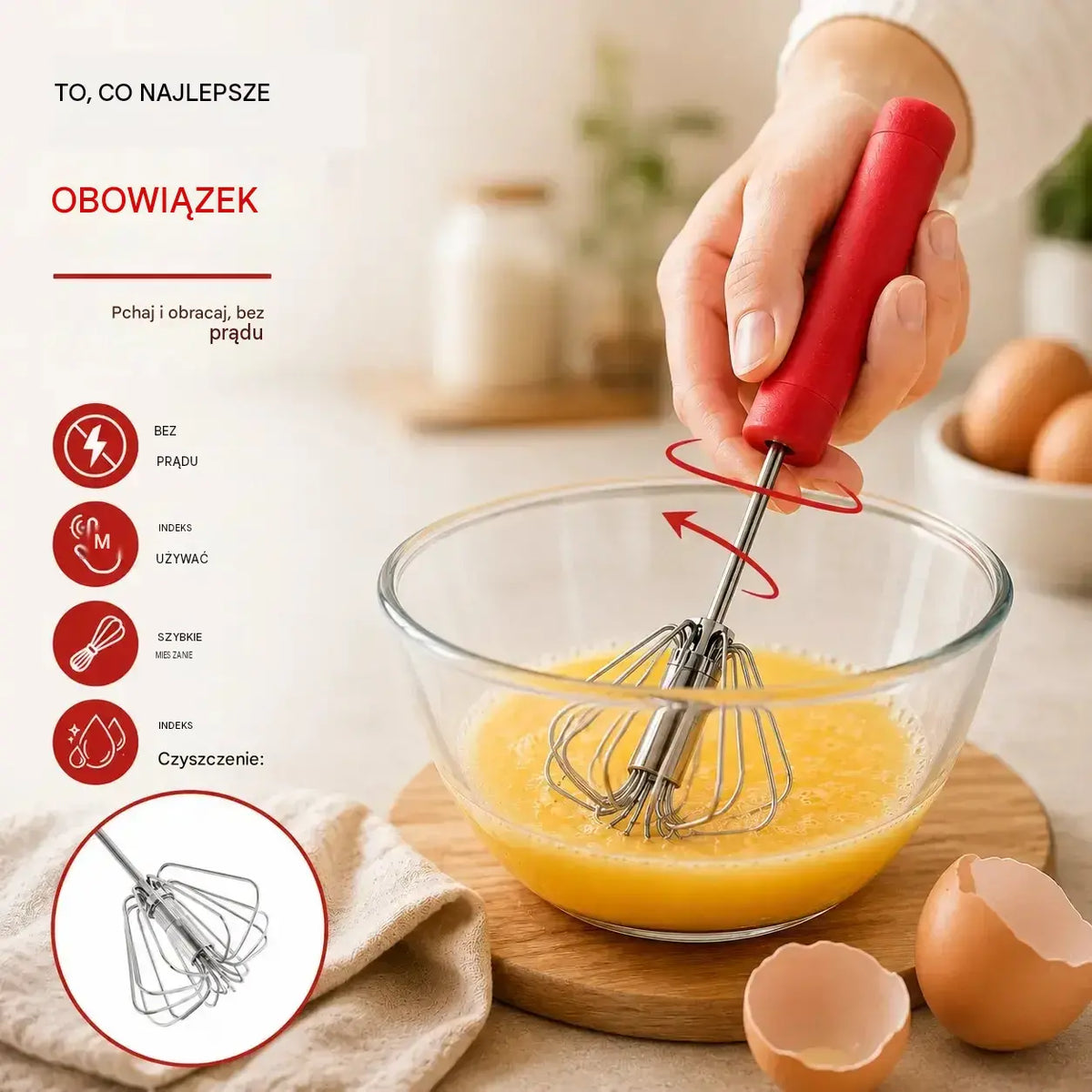 🥳2 sztuka 89zł  🥚💪 50% taniej! Półautomatyczna trzepaczka do jajek: wystarczy nacisnąć i zakręcić – nie wymaga prądu. Ubija jajka i śmietanę w kilka sekund! ✨🧁