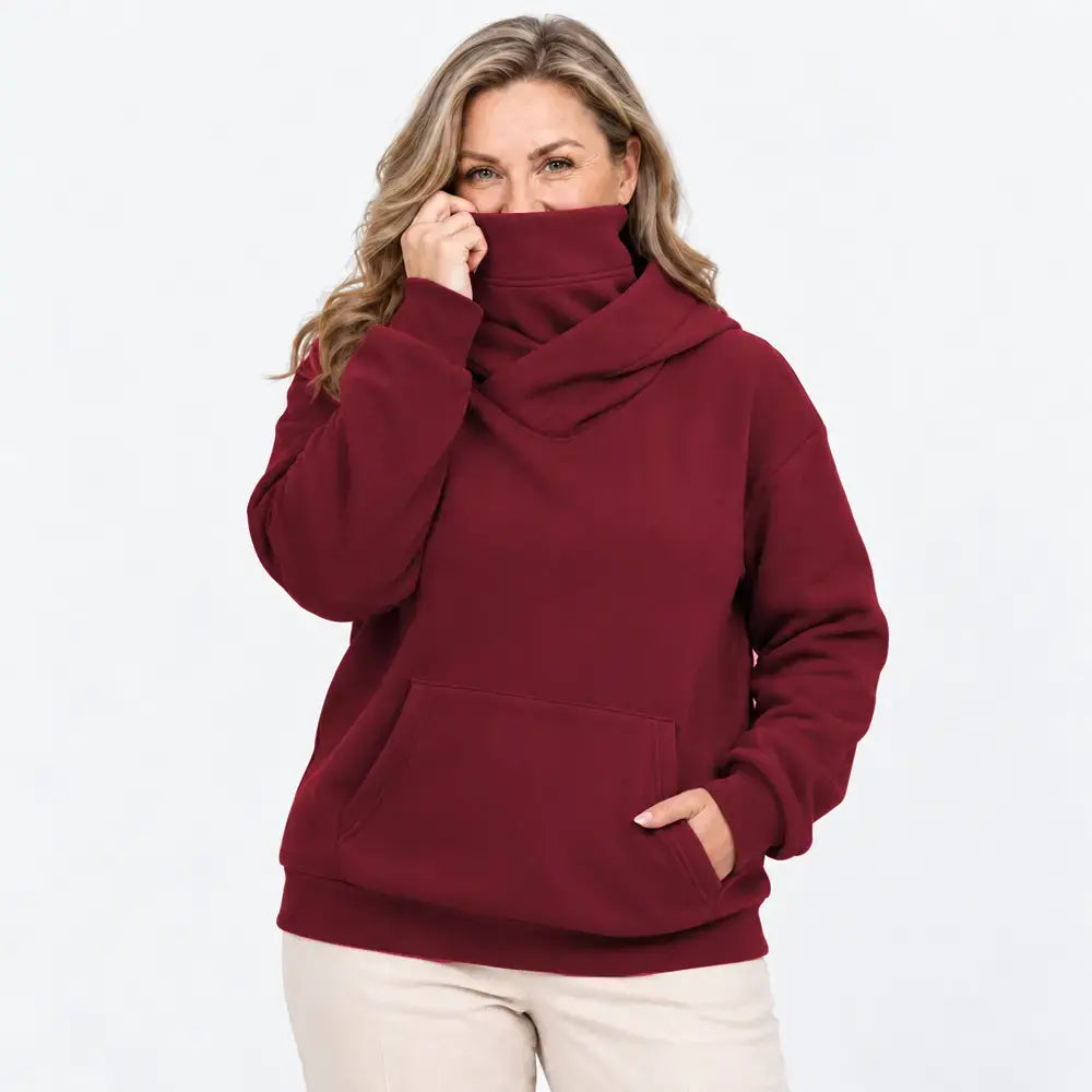 【S-3XL】Damowa bluza z kapturem – luźna, z efektem kołnierza, z długim rękawem, polarowa, z kieszeniami, outdoorowa