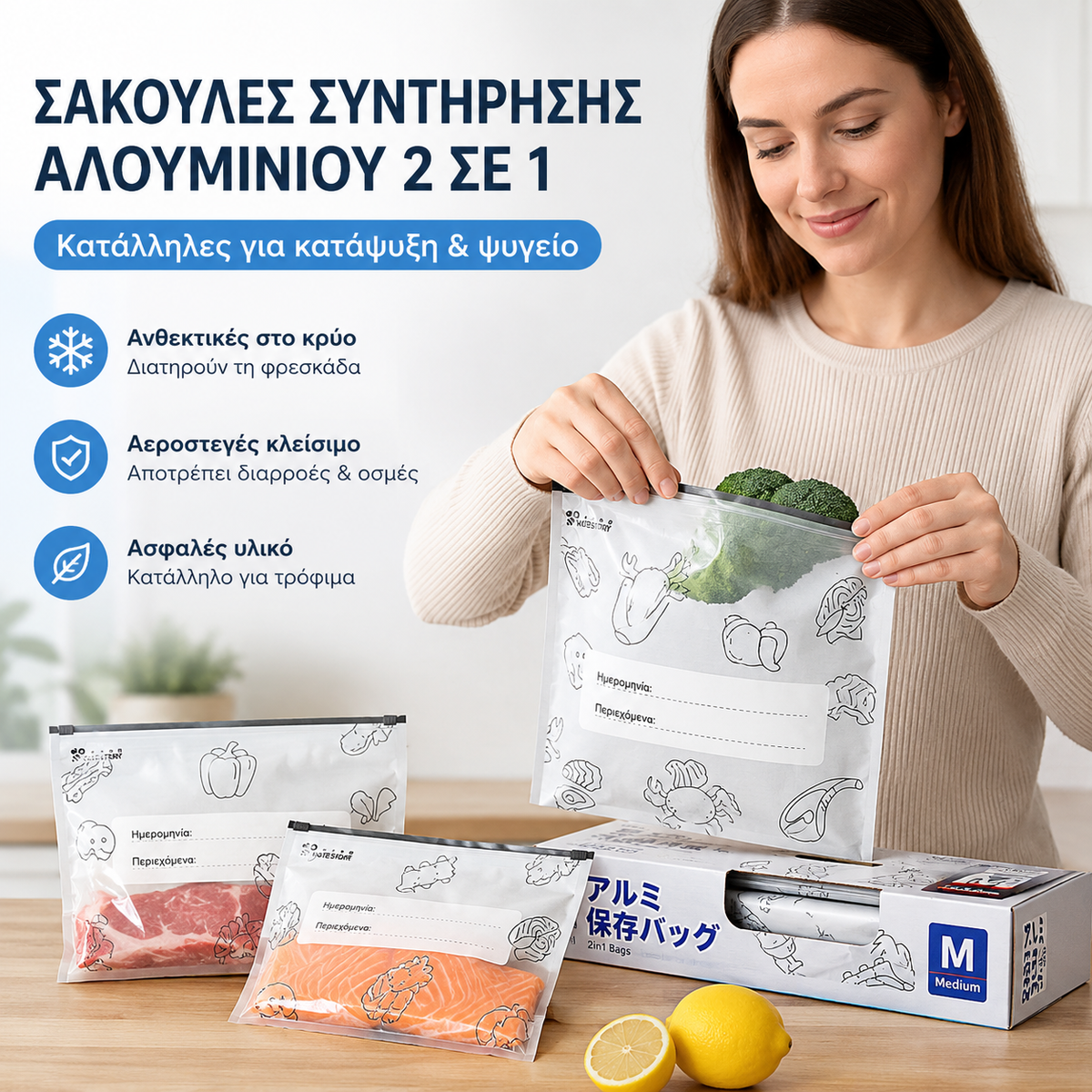 🥩【30 τεμάχια】Σφραγισμένη σακούλα διατήρησης της φρεσκάδας από αλουμινόχαρτο με φερμουάρ για οικιακή χρήση σε ψυγεία τροφίμων