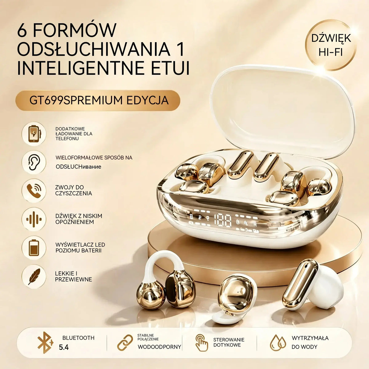 1 sztuka 139zł 🎵Bezprzewodowe słuchawki 6 w 1 GT699S – różne warianty użytkowania i etui z funkcją zasilania awaryjnego ✨