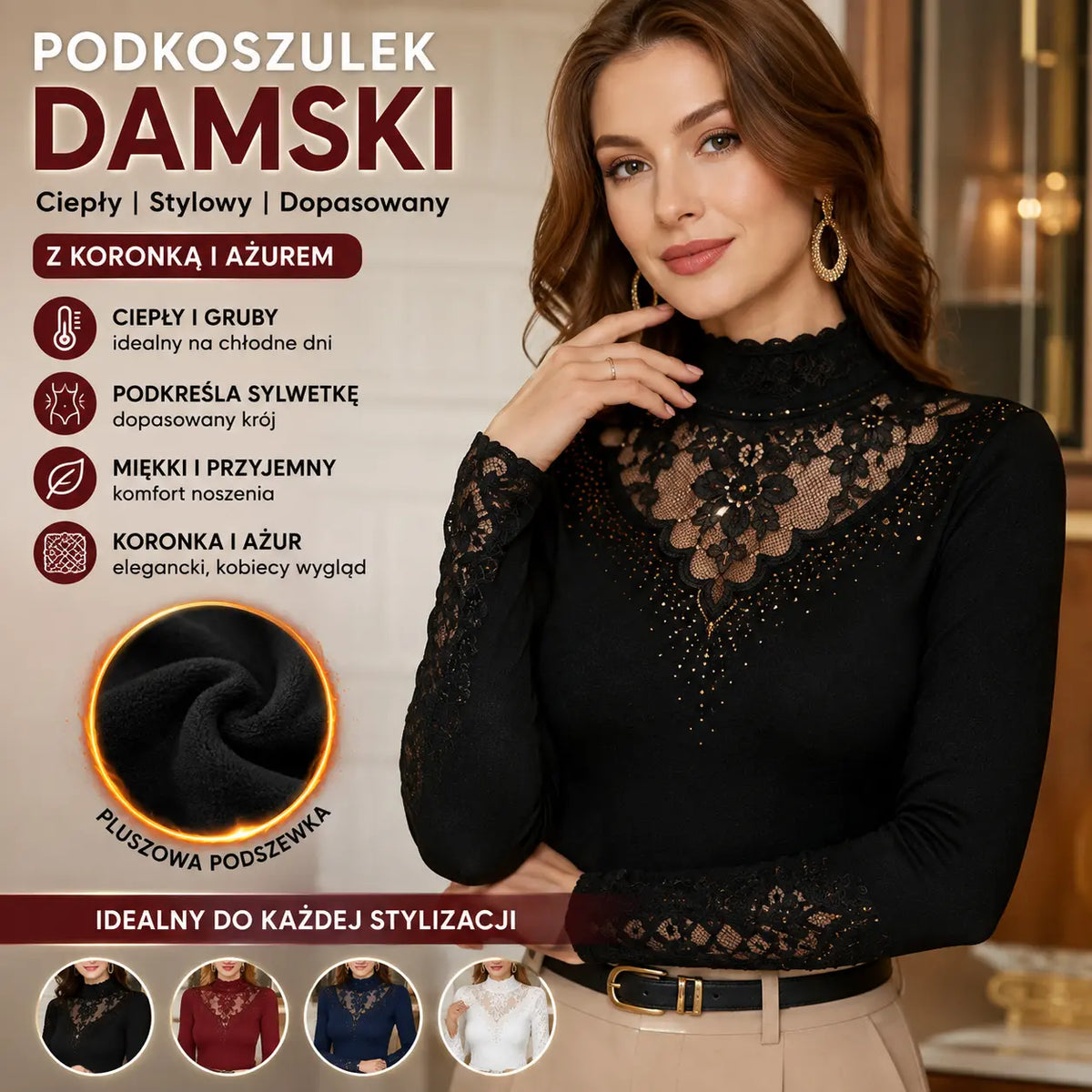 1 za 109 zł.[XL-6XL]❄️🔥Elegancka Bluzka z Ociepleniem i Koronką – Ciepło, Styl i Wyszczuplający Krój w Jednym! ✨