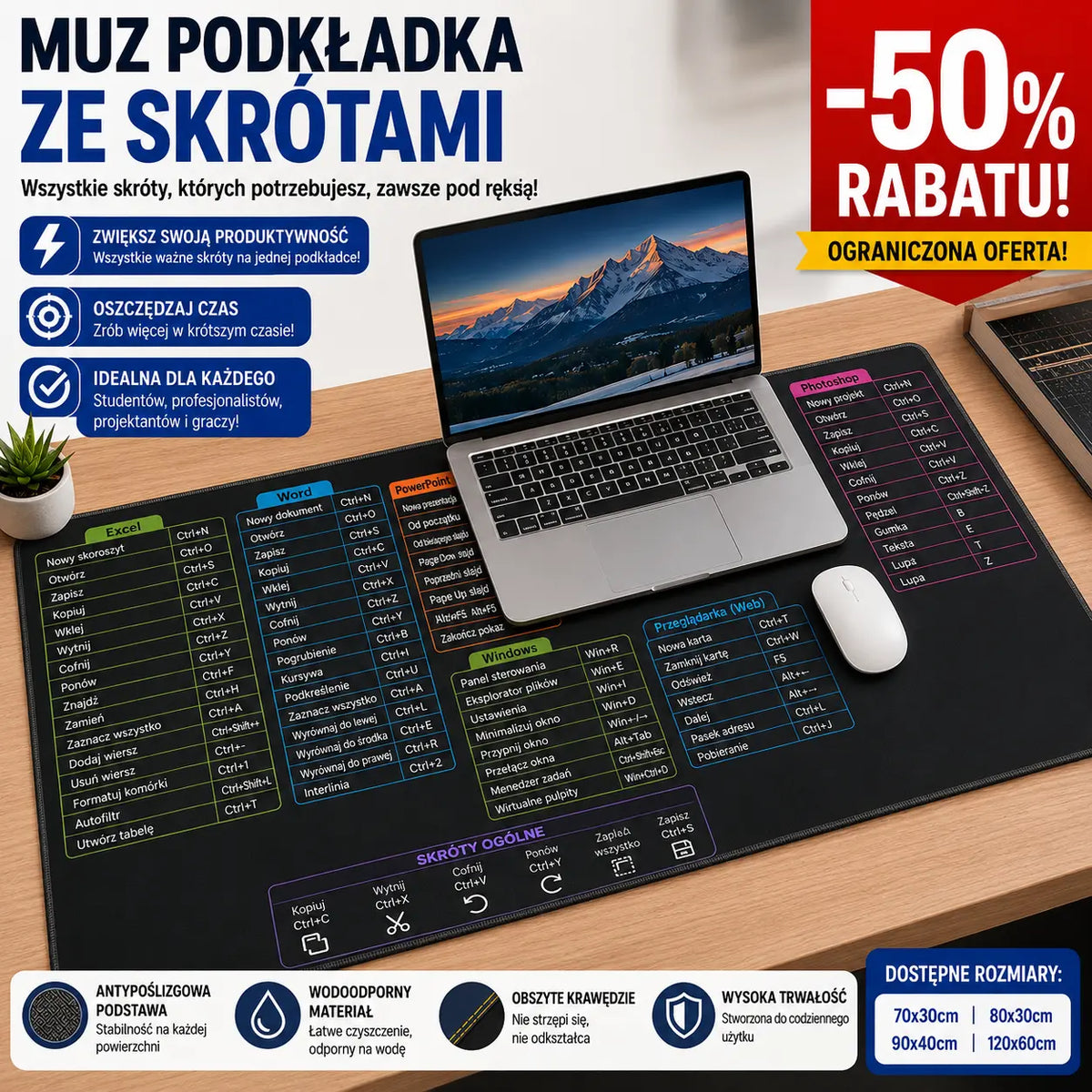 💻🖱【30x60cmx4mm】Bardzo duża klawiatura biurowa, wielofunkcyjne klawisze skrótów komputerowych, podkładka pod mysz