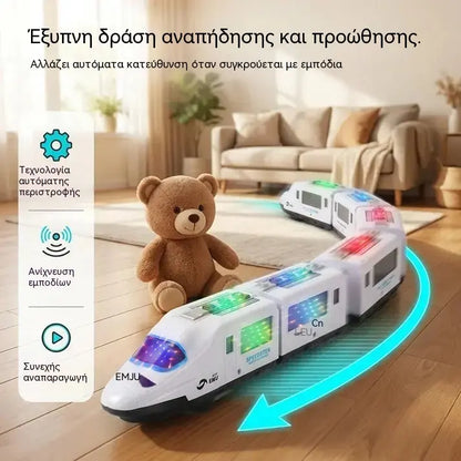 🚄🎵 Ηλεκτρικό τρενάκι-παιχνίδι υψηλής ταχύτητας: ανάβει φώτα, αλλάζει κατεύθυνση κατά την πρόσκρουση και παίζει μουσική· διαδραστικά φώτα και ήχοι· έξυπνη πλοήγηση για αποφυγή εμποδίων ✨