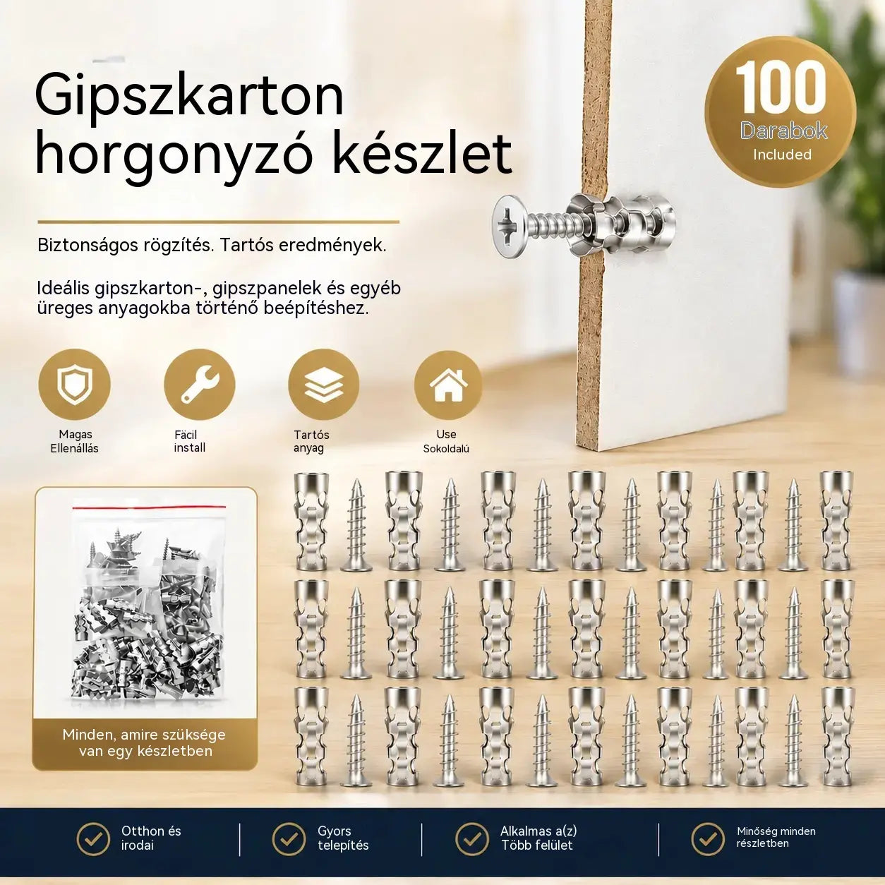 🛠️【100 pár】🔩 Önfúró gipszkarton dübelkészlet csavarokkal 🧱 – Könnyen telepíthető fali kiegészítők