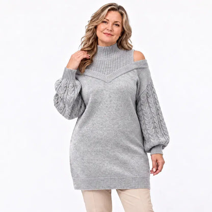 【S-3XL】Damski sweter z odkrytym ramieniem, nowość na jesień i zimę, luźny fason, półgolf, rękawy latarenkowe, dzianina