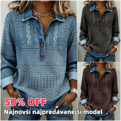 🔥 Έκπτωση 50% | Γυναικείο ρετρό τοπ με λεπτομέρειες τζιν [S–5XL] – Ανάγλυφο μοτίβο, γιακάς και άνετη, χαλαρή γραμμή