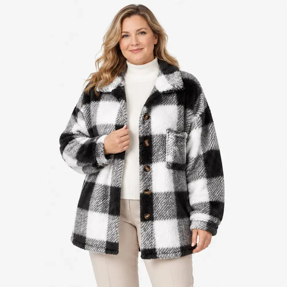 🧥【S-5XL】Damski pluszowy płaszcz w kratę, gruby materiał ze sztucznego futra, luźny krój, ciepła kurtka jesienno-zimowa🥰