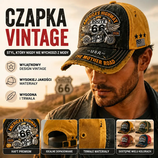 Regulowana czapka baseballowa w stylu retro Route 66, idealny wybór dla miłośników kolarstwa.