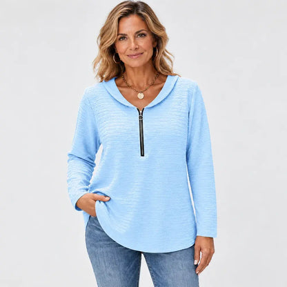 ✨【S-5XL / 5 kolorów】Damski top w jednolitym kolorze, wyróżniający się stylowym, plisowanym materiałem, kołnierzykiem typu „Piotruś Pan”, zapięciem na zamek oraz klasycznym krojem w ramionach.