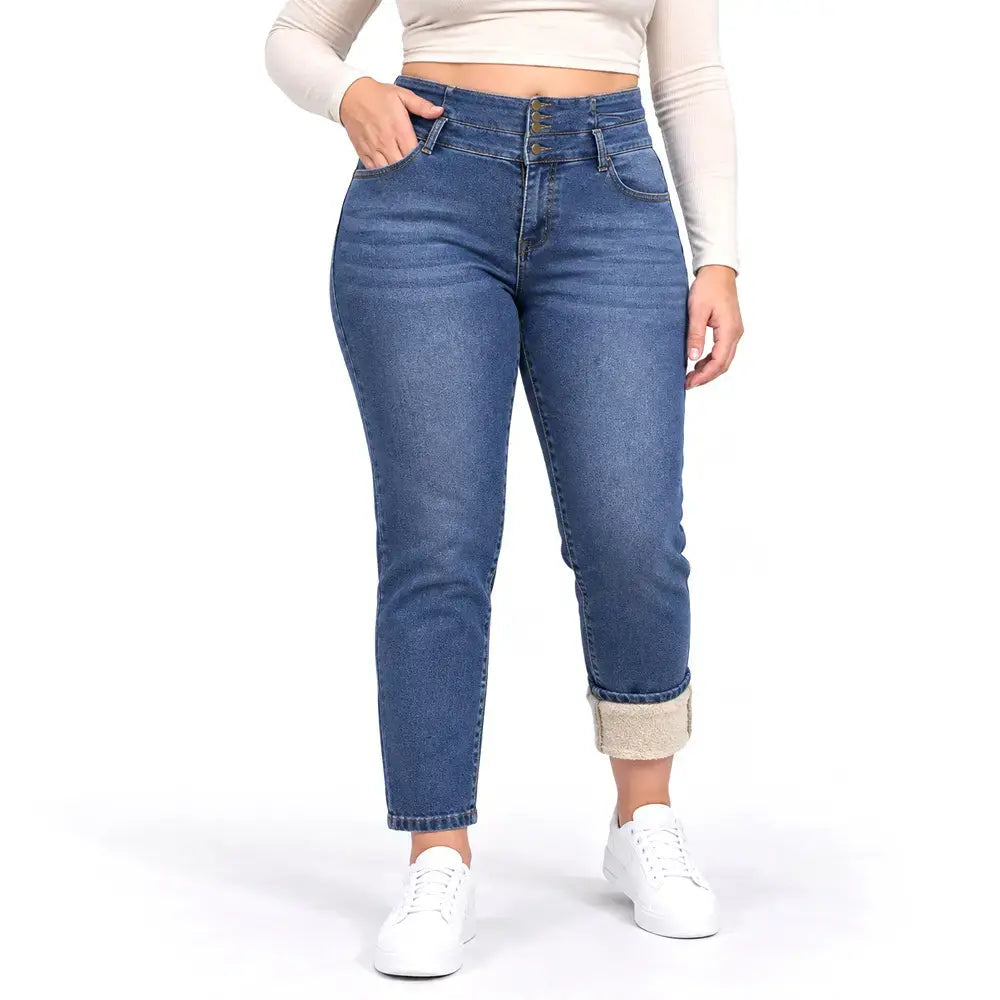 🔥【S-2XL/2 kolory】 Jeansy damskie z podszewką z polaru, sprane, zapinane na wiele guzików, dopasowane