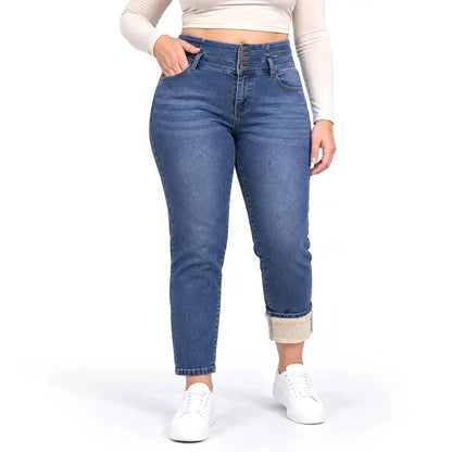 🔥【S-2XL/2 kolory】 Jeansy damskie z podszewką z polaru, sprane, zapinane na wiele guzików, dopasowane